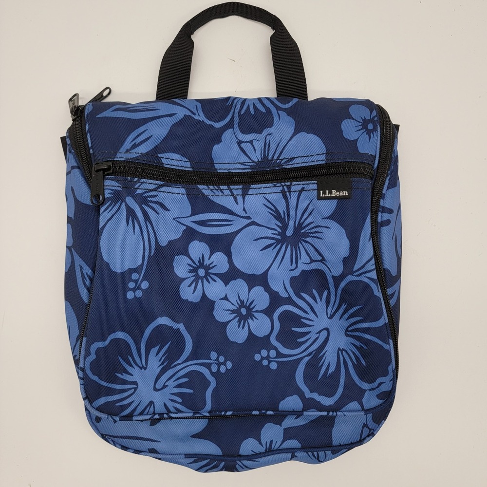 L.L. Bean Hanging Toiletry Bag Blue Tropical Floral Hibiscus Organizer Nylon